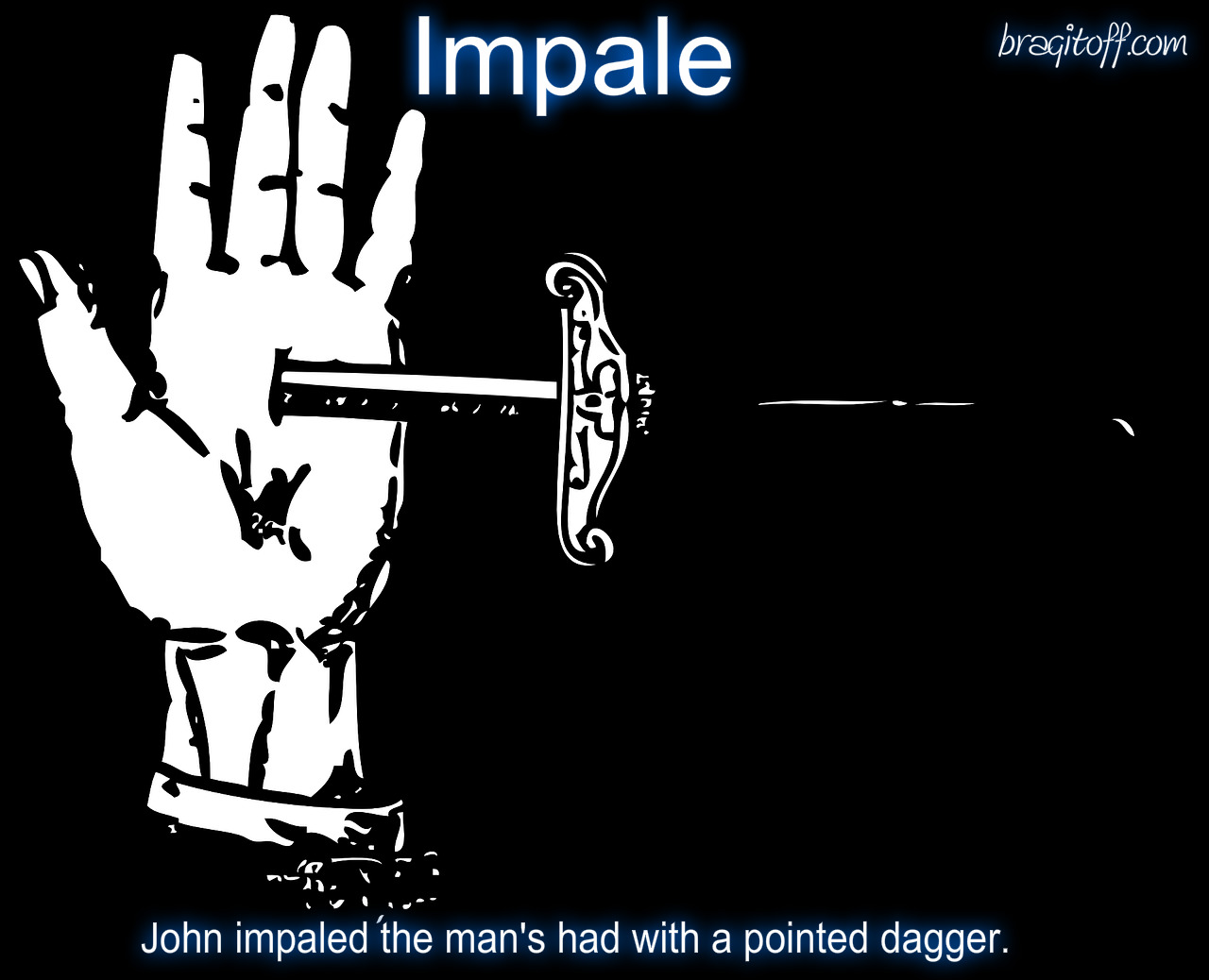 image sentence:John impaled the man's hand with a pointed dagger.
